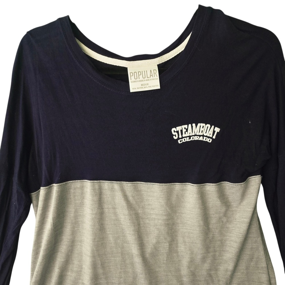 Popular Steamboat Colorado Navy Gray Colorblock Long Sleeve Puff Print‎ Tee M